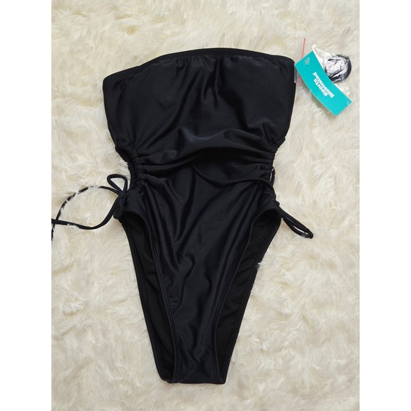 Black‎ Strapless One Piece Swimsuit Ruched Tie High Cut Leg Sexy Bathing Suit - Picture 5 of 10